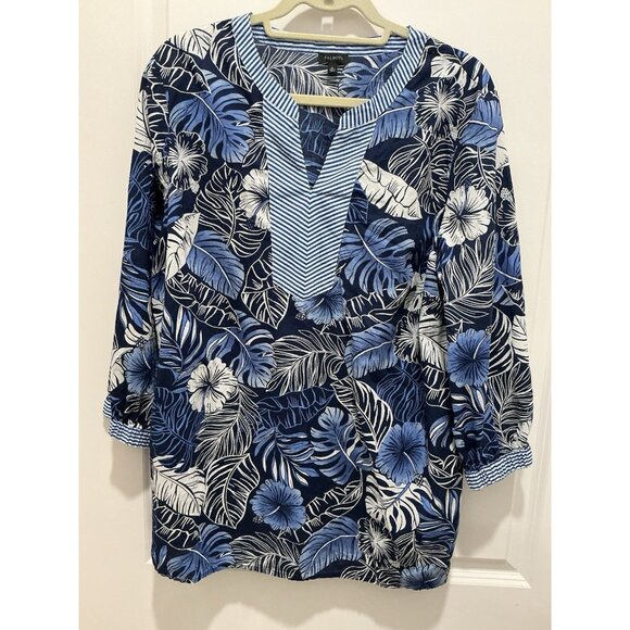 Talbots Hibiscus Palms Tunic XL Blue White VNeck 3/4 Sleeve - Picture 1 of 10